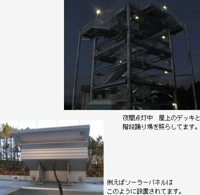 高さ18mの津波避難タワーに夜間点灯中の様子。屋上のデッキと階段踊り場を照らしています。