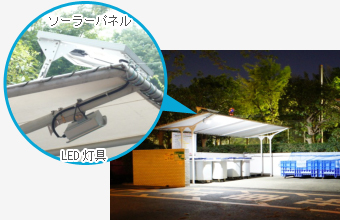 マンションのごみ置き場用照明として設置したミドルキャパプラスポールなしタイプMDC-01L。周りに樹木がありソーラーパネルの設置場所を工夫しました。