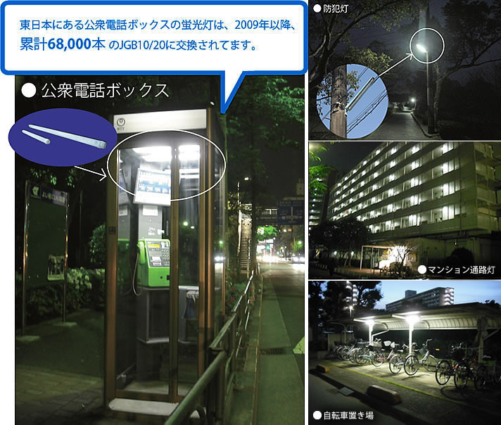 東日本にある公衆電話ボックスの蛍光灯は、2009年以降、累計68,000本 のJGB10/20に交換されてます。エル光源製　蛍光管交換用LEDランプJGBシリーズ10W形・20W形の使用事例「公衆電話ボックス」、「防犯灯」、「マンション通路灯」、「自転車置き場」